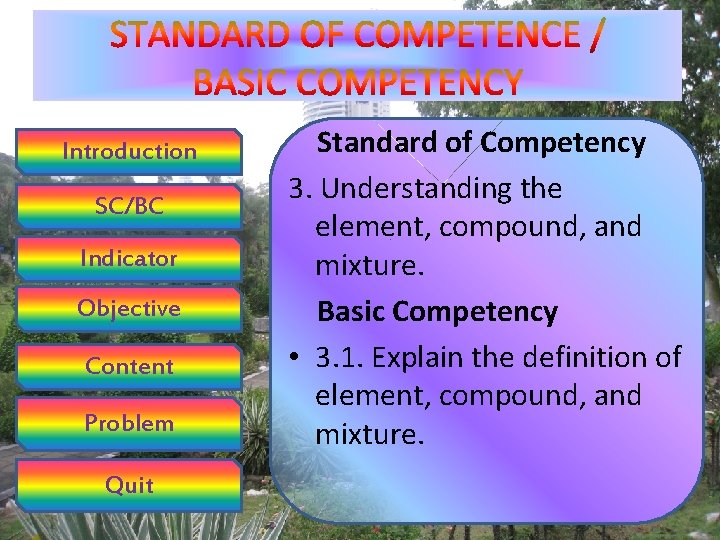 Introduction SC/BC Indicator Objective Content Problem Quit Standard of Competency 3. Understanding the element,