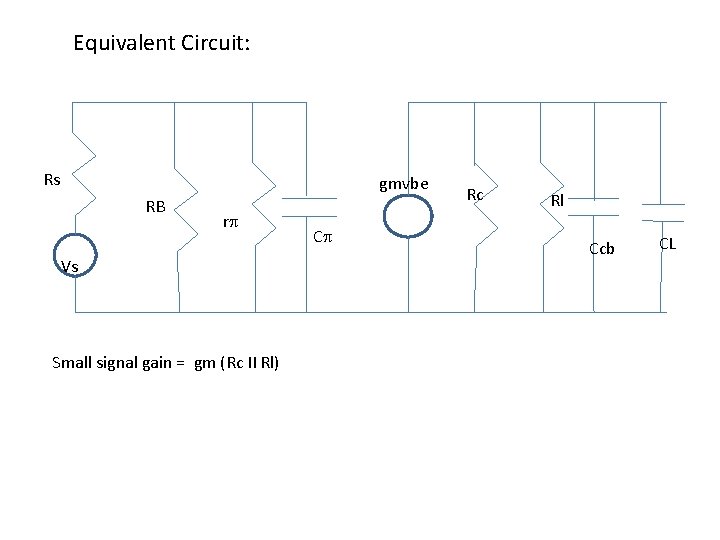 Equivalent Circuit: Rs gmvbe RB rp V Vs Small signal gain = gm (Rc
