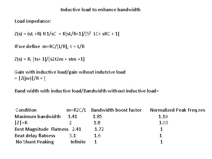 Inductive load to enhance bandwidth Load impedance: Z(s) = (s. L +R) II 1/s.