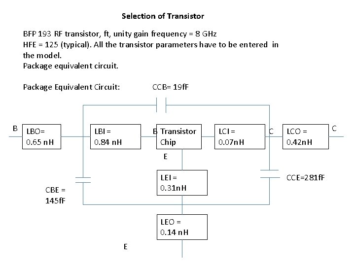 Selection of Transistor BFP 193 RF transistor, ft, unity gain frequency = 8 GHz