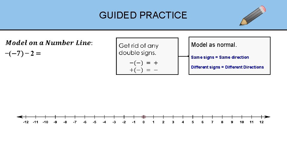 GUIDED PRACTICE • Model as normal. Same signs = Same direction Different signs =