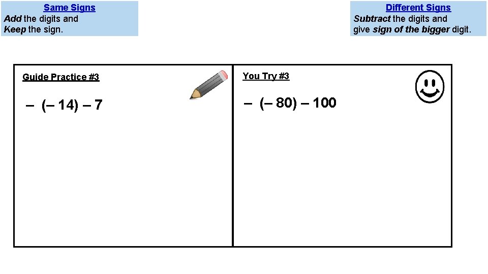 Same Signs Add the digits and Keep the sign. Guide Practice #3 – (–