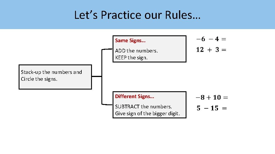 Let’s Practice our Rules… Same Signs… ADD the numbers. KEEP the sign. Stack-up the