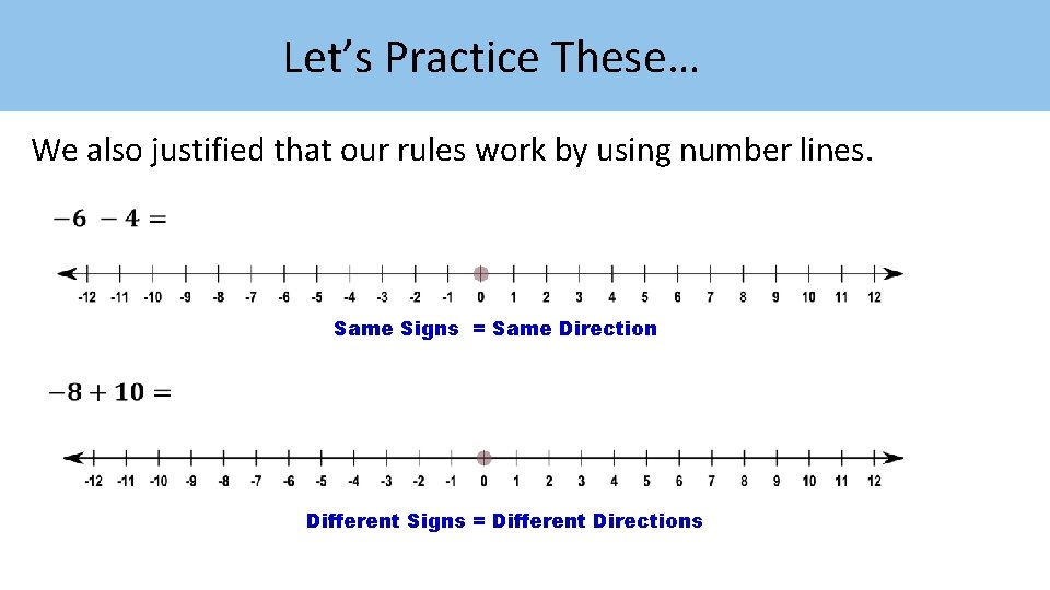 Let’s Practice These… We also justified that our rules work by using number lines.