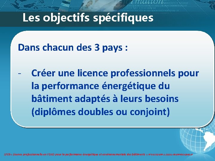 Les objectifs spécifiques Dans chacun des 3 pays : - Créer une licence professionnels Les objectifs spécifiques Dans chacun des 3 pays : - Créer une licence professionnels
