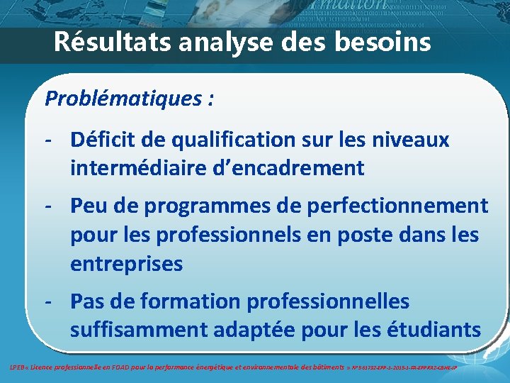 Résultats analyse des besoins Problématiques : - Déficit de qualification sur les niveaux intermédiaire Résultats analyse des besoins Problématiques : - Déficit de qualification sur les niveaux intermédiaire