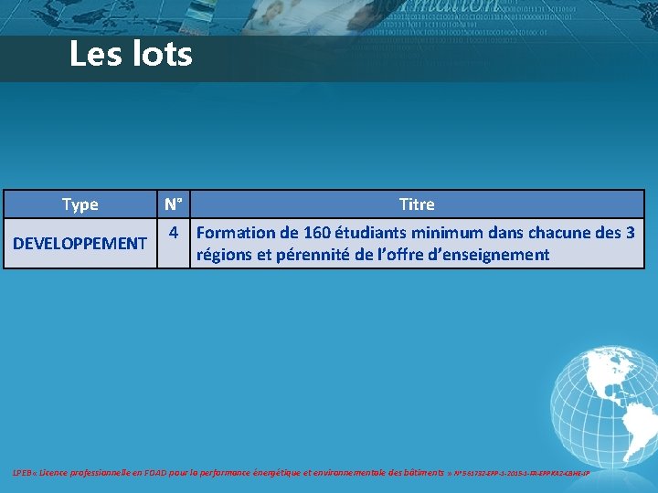 Les lots Type DEVELOPPEMENT N° Titre 4 Formation de 160 étudiants minimum dans chacune Les lots Type DEVELOPPEMENT N° Titre 4 Formation de 160 étudiants minimum dans chacune