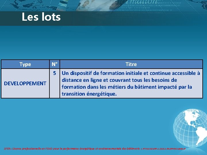 Les lots Type DEVELOPPEMENT N° Titre 5 Un dispositif de formation initiale et continue Les lots Type DEVELOPPEMENT N° Titre 5 Un dispositif de formation initiale et continue