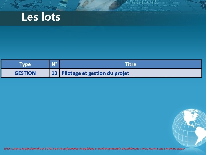 Les lots Type GESTION N° Titre 10 Pilotage et gestion du projet LPEB « Les lots Type GESTION N° Titre 10 Pilotage et gestion du projet LPEB «