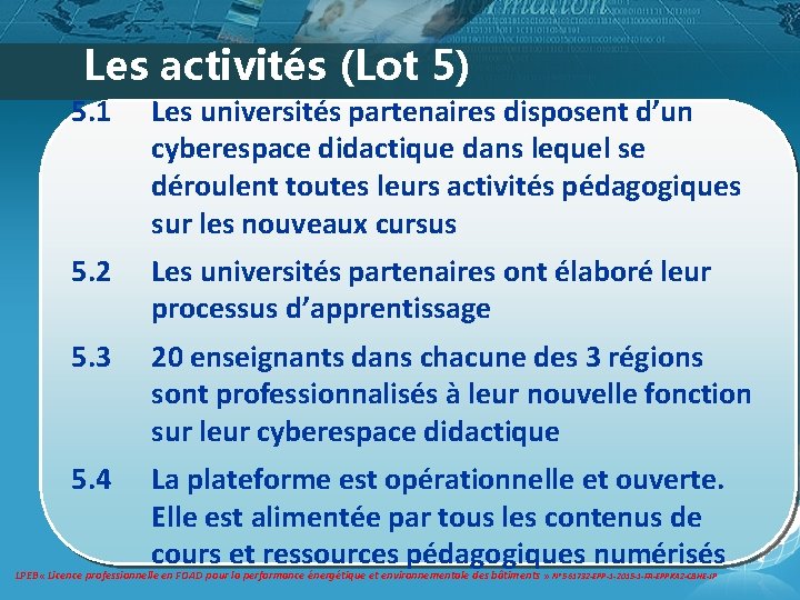 Les activités (Lot 5) 5. 1 Les universités partenaires disposent d’un cyberespace didactique dans Les activités (Lot 5) 5. 1 Les universités partenaires disposent d’un cyberespace didactique dans