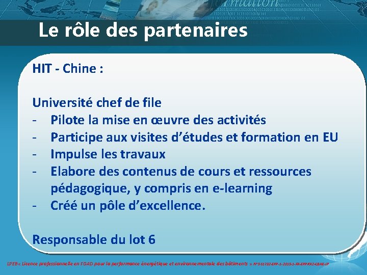 Le rôle des partenaires HIT - Chine : Université chef de file - Pilote Le rôle des partenaires HIT - Chine : Université chef de file - Pilote