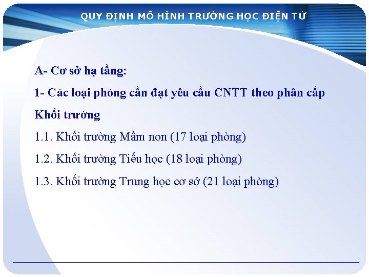 QUY ĐỊNH MÔ HÌNH TRƯỜNG HỌC ĐIỆN TỬ A- Cơ sở hạ tầng: 1