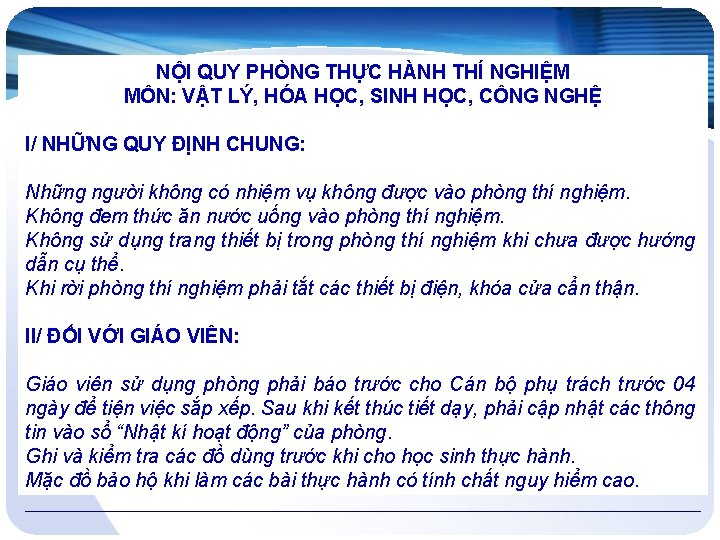 NỘI QUY PHÒNG THỰC HÀNH THÍ NGHIỆM MÔN: VẬT LÝ, HÓA HỌC, SINH HỌC,