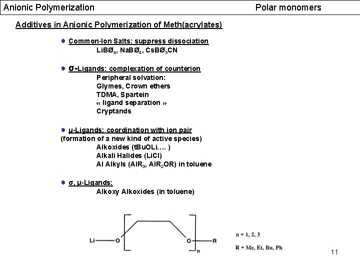 Anionic Polymerization Polar monomers Additives in Anionic Polymerization of Meth(acrylates) ● Common-Ion Salts: suppress