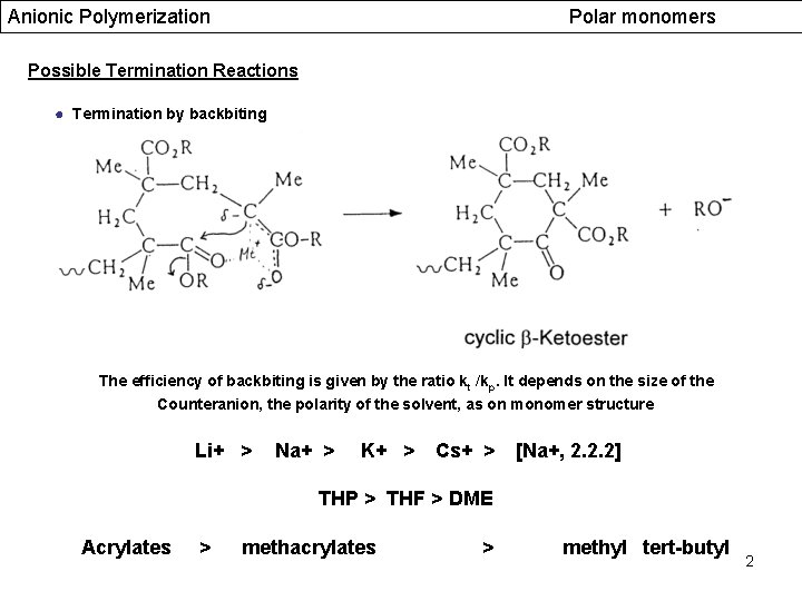 Anionic Polymerization Polar monomers Possible Termination Reactions ● Termination by backbiting The efficiency of