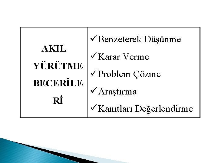 AKIL YÜRÜTME BECERİLE Rİ Benzeterek Düşünme Karar Verme Problem Çözme Araştırma Kanıtları Değerlendirme 