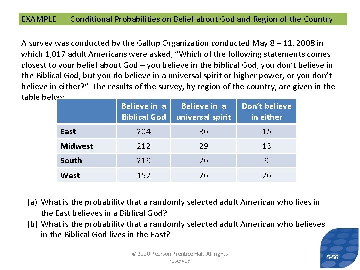 EXAMPLE Conditional Probabilities on Belief about God and Region of the Country A survey