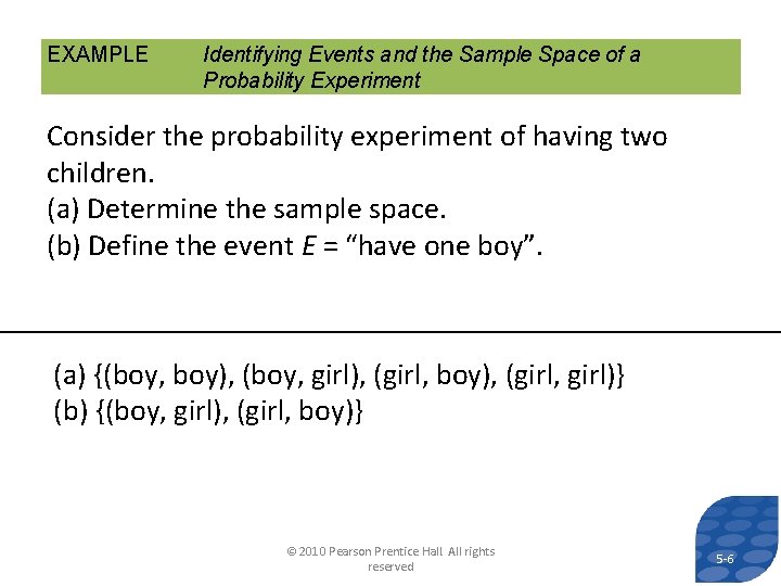 EXAMPLE Identifying Events and the Sample Space of a Probability Experiment Consider the probability