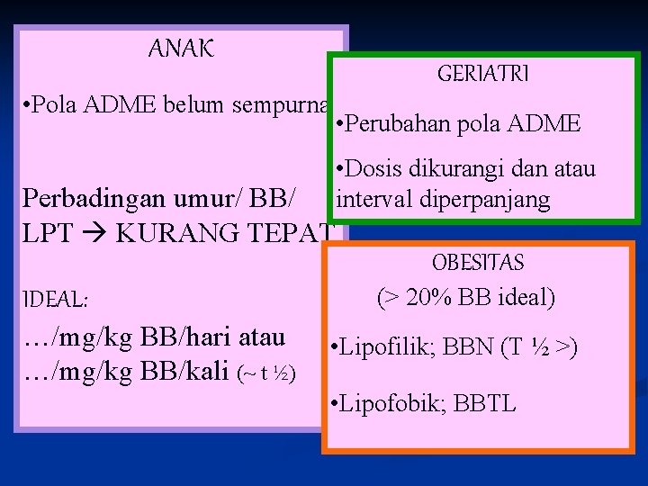 ANAK • Pola ADME belum sempurna GERIATRI • Perubahan pola ADME • Dosis dikurangi