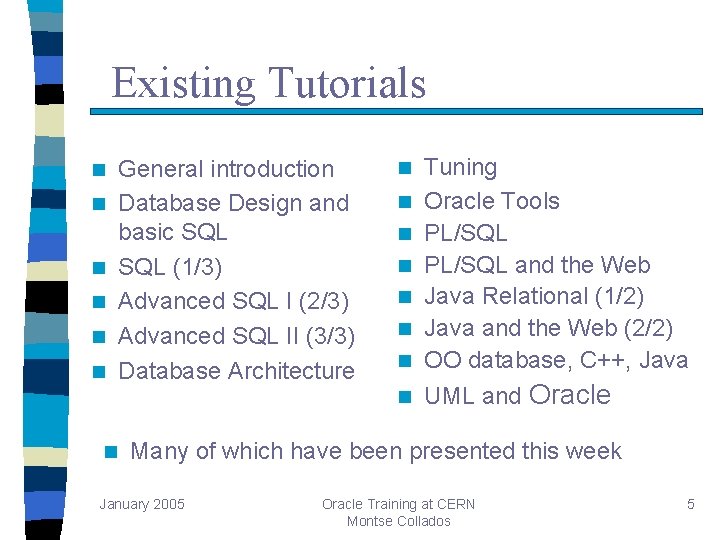 Existing Tutorials n n n n General introduction Database Design and basic SQL (1/3) Existing Tutorials n n n n General introduction Database Design and basic SQL (1/3)