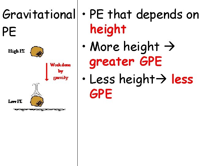 Gravitational • PE that depends on height PE • More height greater GPE •