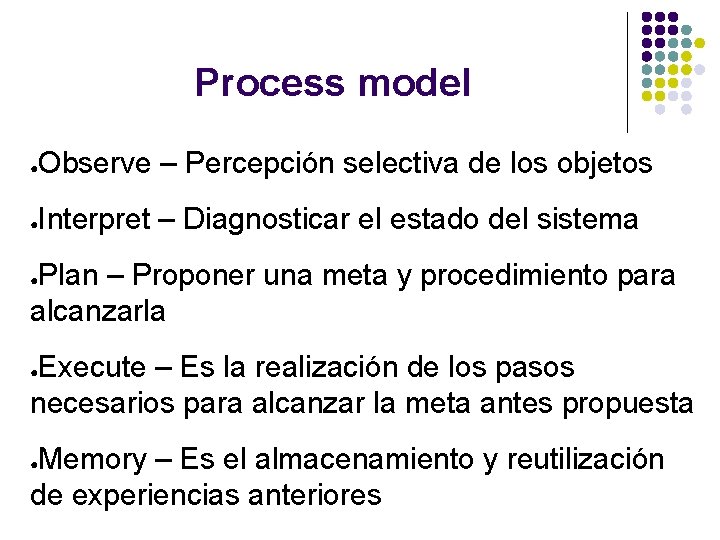 Process model ● Observe – Percepción selectiva de los objetos ● Interpret – Diagnosticar