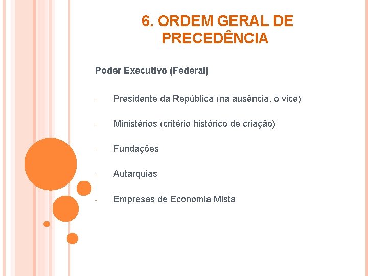 6. ORDEM GERAL DE PRECEDÊNCIA Poder Executivo (Federal) - Presidente da República (na ausência,