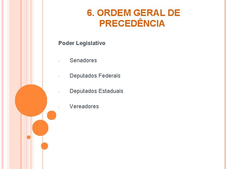 6. ORDEM GERAL DE PRECEDÊNCIA Poder Legislativo - Senadores - Deputados Federais - Deputados