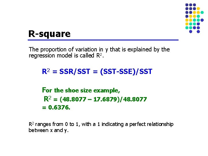 R-square The proportion of variation in y that is explained by the regression model
