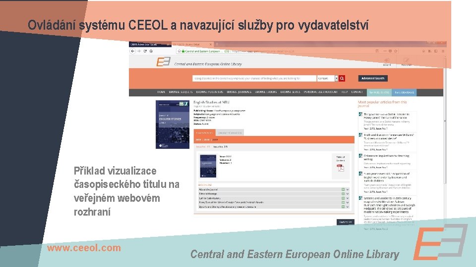 Ovládání systému CEEOL a navazující služby pro vydavatelství Příklad vizualizace časopiseckého titulu na veřejném