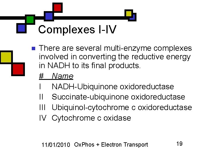 Complexes I-IV n There are several multi-enzyme complexes involved in converting the reductive energy