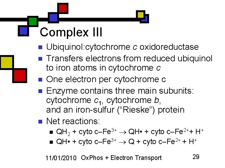 Complex III n n n Ubiquinol: cytochrome c oxidoreductase Transfers electrons from reduced ubiquinol