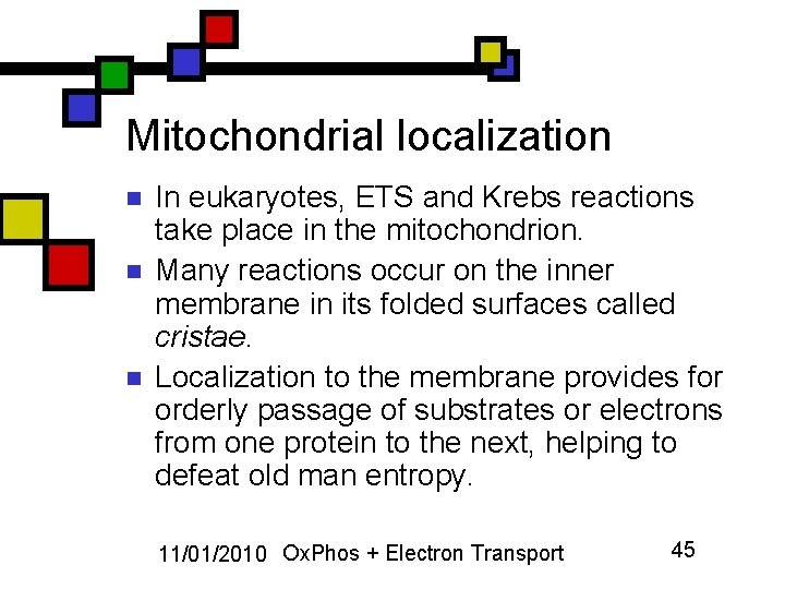 Mitochondrial localization n In eukaryotes, ETS and Krebs reactions take place in the mitochondrion.