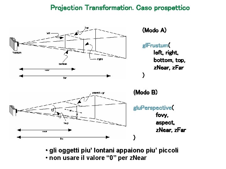 Projection Transformation. Caso prospettico (Modo A) gl. Frustum( left, right, bottom, top, z. Near,