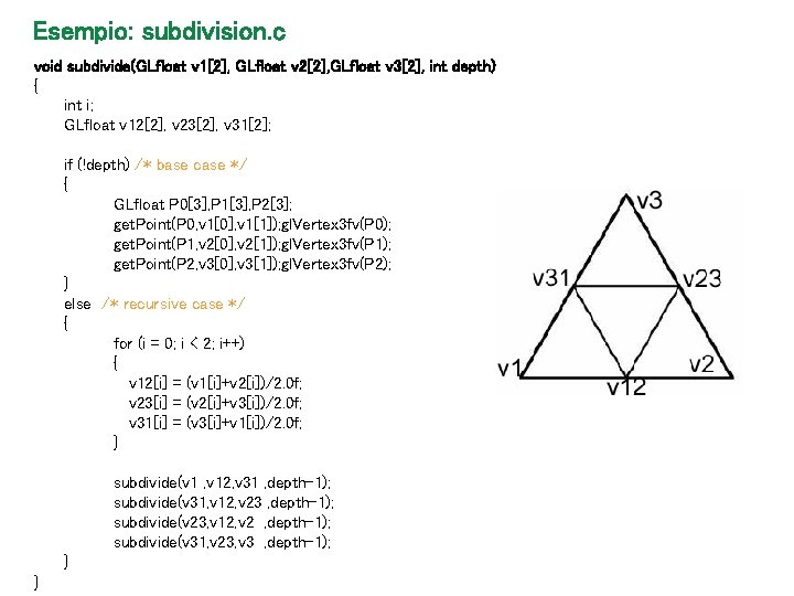 Esempio: subdivision. c void subdivide(GLfloat v 1[2], GLfloat v 2[2], GLfloat v 3[2], int