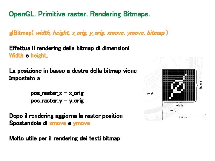 Open. GL. Primitive raster. Rendering Bitmaps. gl. Bitmap( width, height, x_orig, y_orig, xmove, ymove,