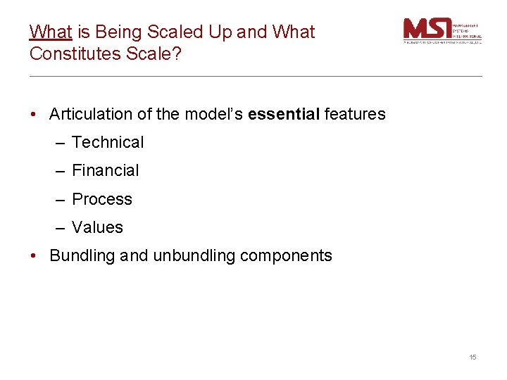 What is Being Scaled Up and What Constitutes Scale? • Articulation of the model’s