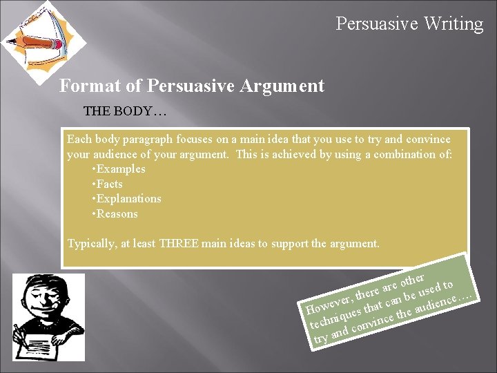 Persuasive Writing Format of Persuasive Argument THE BODY… Each body paragraph focuses on a