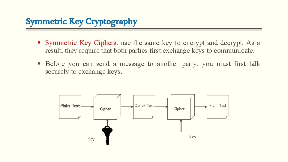 Symmetric Key Cryptography § Symmetric Key Ciphers: use the same key to encrypt and