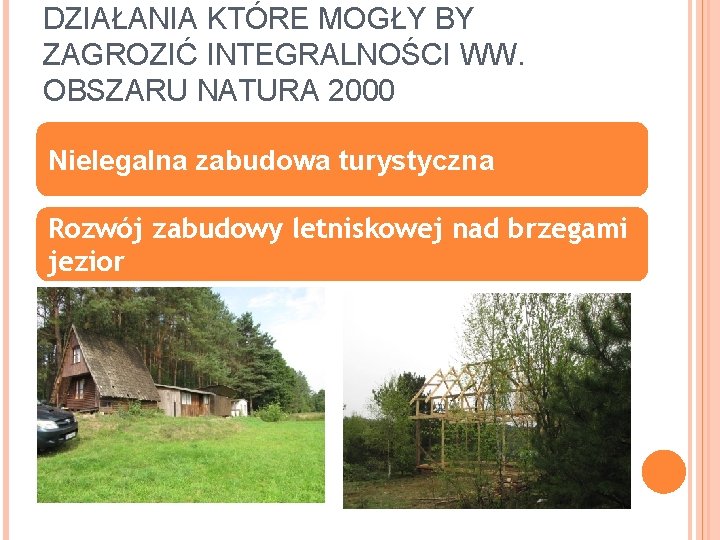 DZIAŁANIA KTÓRE MOGŁY BY ZAGROZIĆ INTEGRALNOŚCI WW. OBSZARU NATURA 2000 Nielegalna zabudowa turystyczna Rozwój