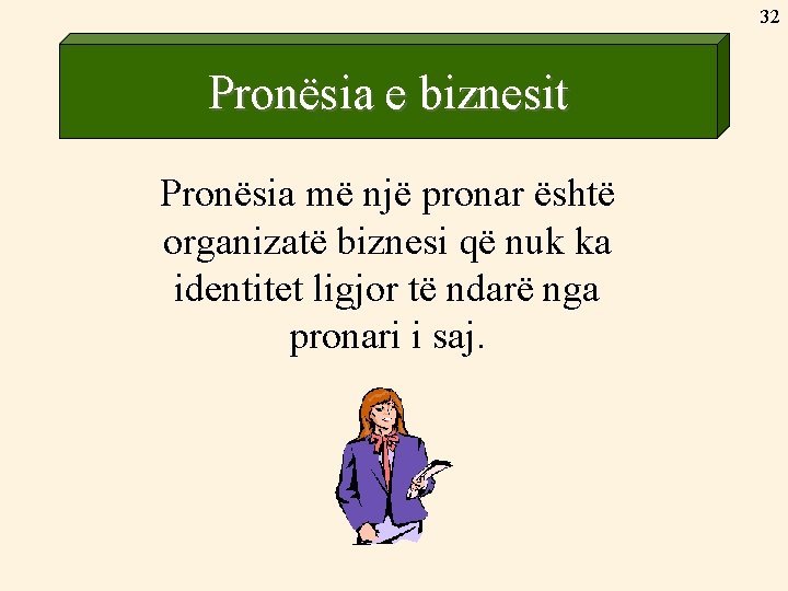 32 Pronësia e biznesit Pronësia më një pronar është organizatë biznesi që nuk ka