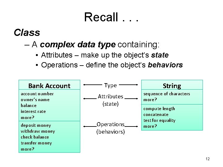 Recall. . . Class – A complex data type containing: • Attributes – make