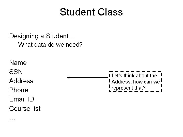 Student Class Designing a Student… What data do we need? Name SSN Address Phone