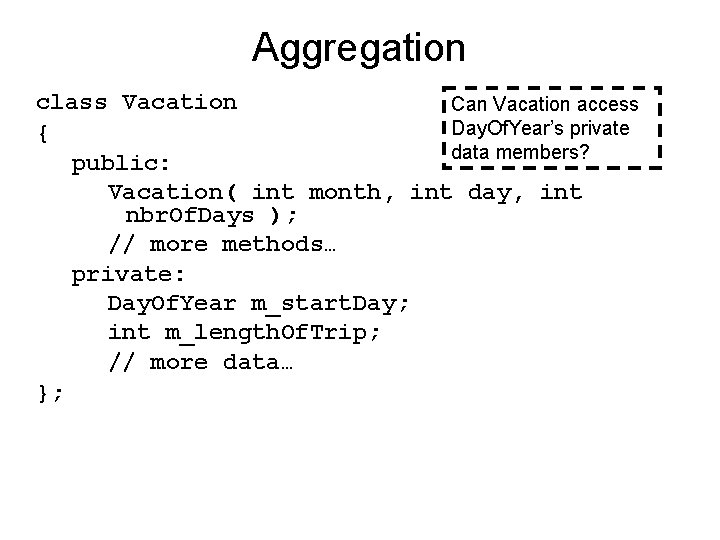 Aggregation class Vacation Can Vacation access Day. Of. Year’s private { data members? public: