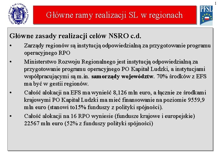 1 Główne ramy realizacji SL w regionach Główne zasady realizacji celów NSRO c. d.