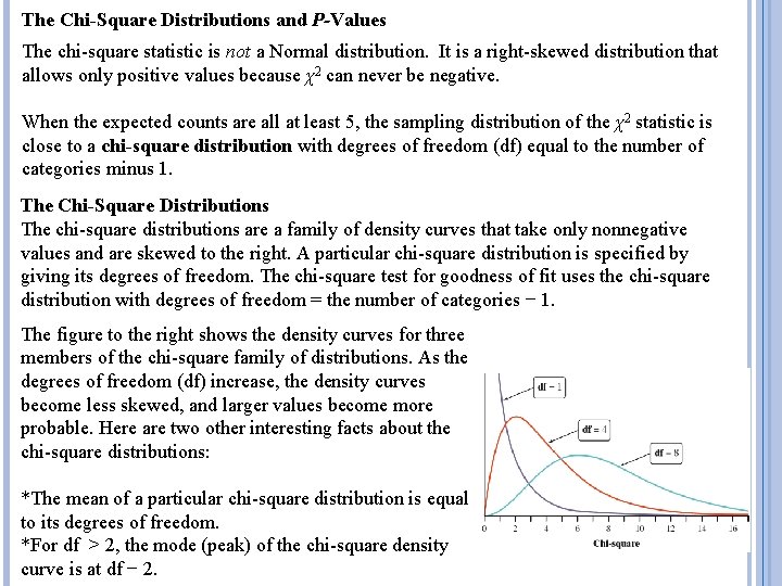 The Chi-Square Distributions and P-Values The chi-square statistic is not a Normal distribution. It