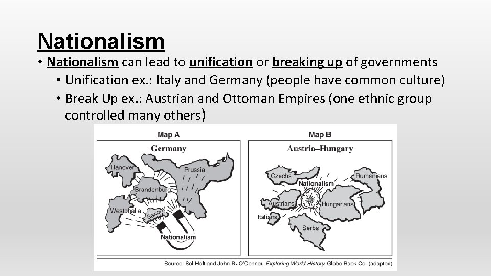 Nationalism • Nationalism can lead to unification or breaking up of governments • Unification