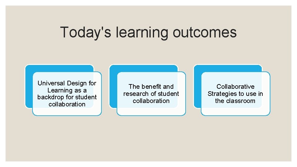 Today's learning outcomes Universal Design for Learning as a backdrop for student collaboration The