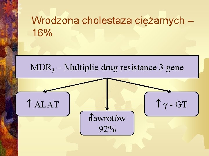 Wrodzona cholestaza ciężarnych – 16% MDR 3 – Multiplie drug resistance 3 gene ALAT