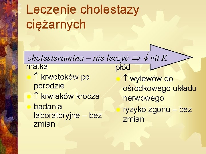 Leczenie cholestazy ciężarnych cholesteramina – nie leczyć vit K matka ® krwotoków po porodzie